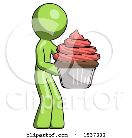 Green Design Mascot Man Holding Large Cupcake Ready to Eat or Serve by Leo Blanchette
