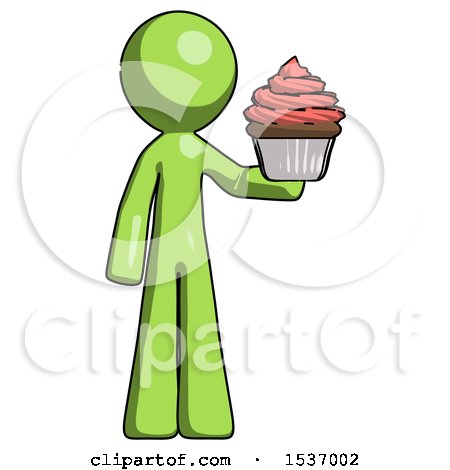 Green Design Mascot Man Presenting Pink Cupcake to Viewer by Leo Blanchette
