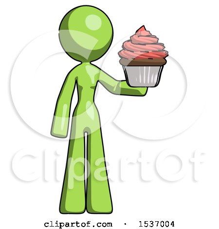 Green Design Mascot Woman Presenting Pink Cupcake to Viewer by Leo Blanchette