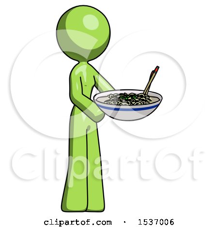 Green Design Mascot Woman Holding Noodles Offering to Viewer by Leo Blanchette