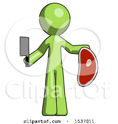 Green Design Mascot Man Holding Large Steak with Butcher Knife by Leo Blanchette