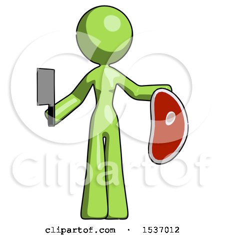 Green Design Mascot Woman Holding Large Steak with Butcher Knife by Leo Blanchette