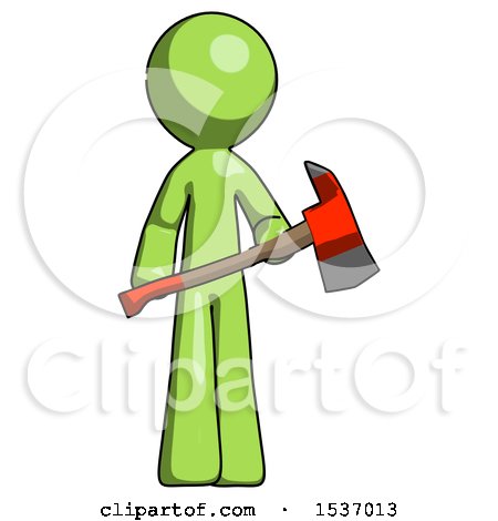 Green Design Mascot Man Holding Red Fire Fighter's Ax by Leo Blanchette