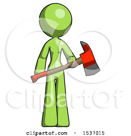 Green Design Mascot Woman Holding Red Fire Fighter's Ax by Leo Blanchette