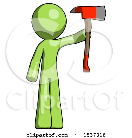 Green Design Mascot Man Holding up Red Firefighter's Ax by Leo Blanchette