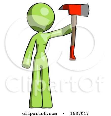 Green Design Mascot Woman Holding up Red Firefighter's Ax by Leo Blanchette