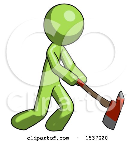 Green Design Mascot Man Striking with a Red Firefighter's Ax by Leo Blanchette