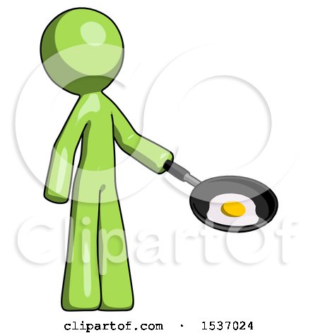 Green Design Mascot Man Frying Egg in Pan or Wok Facing Right by Leo Blanchette