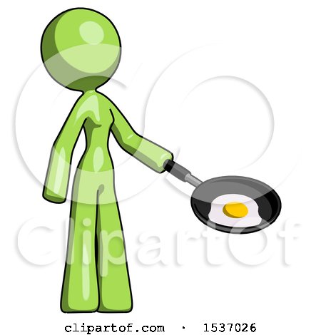 Green Design Mascot Woman Frying Egg in Pan or Wok Facing Right by Leo Blanchette
