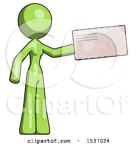 Green Design Mascot Woman Holding Large Envelope by Leo Blanchette