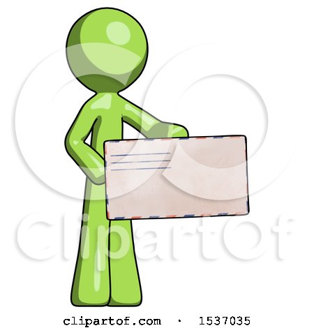 Green Design Mascot Man Presenting Large Envelope by Leo Blanchette
