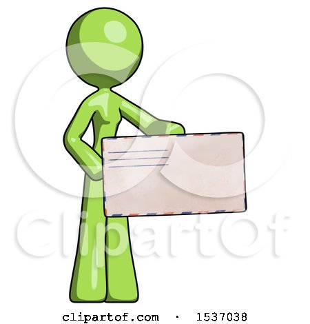 Green Design Mascot Woman Presenting Large Envelope by Leo Blanchette