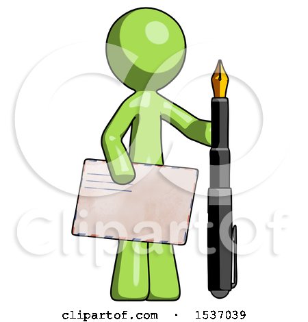 Green Design Mascot Man Holding Large Envelope and Calligraphy Pen by Leo Blanchette