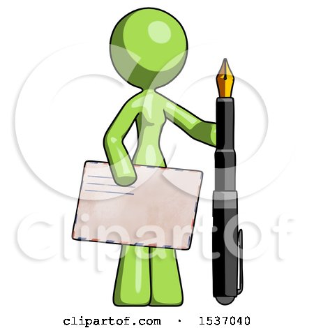 Green Design Mascot Woman Holding Large Envelope and Calligraphy Pen by Leo Blanchette