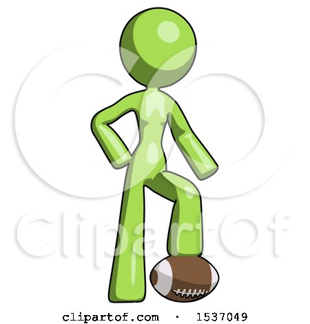 Green Design Mascot Woman Standing with Foot on Football by Leo Blanchette