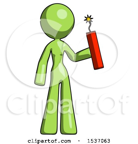 Green Design Mascot Woman Holding Dynamite with Fuse Lit by Leo Blanchette