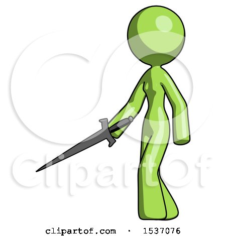 Green Design Mascot Woman with Sword Walking Confidently by Leo Blanchette