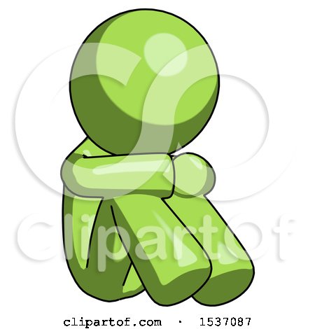 Green Design Mascot Man Sitting with Head down Facing Angle Right by Leo Blanchette