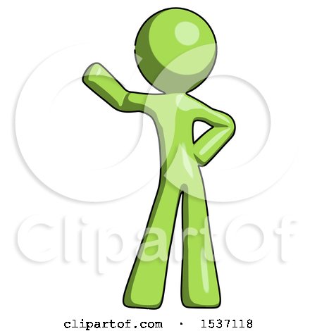 Green Design Mascot Man Waving Right Arm with Hand on Hip by Leo Blanchette