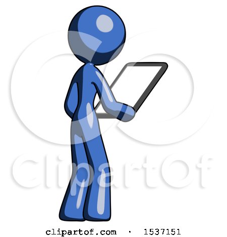 Blue Design Mascot Woman Looking at Tablet Device Computer Facing Away by Leo Blanchette