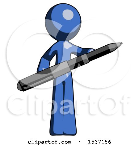 Blue Design Mascot Man Posing Confidently with Giant Pen by Leo Blanchette