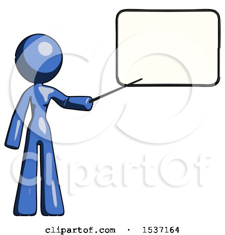 Blue Design Mascot Woman Pointing at Dry-erase Board with Stick Giving Presentation by Leo Blanchette