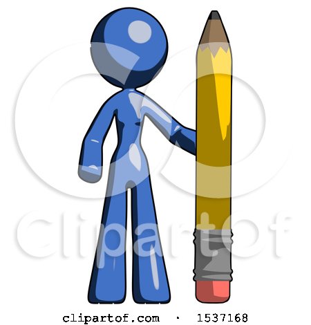 Blue Design Mascot Woman with Large Pencil Standing Ready to Write by Leo Blanchette