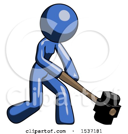 Blue Design Mascot Woman Hitting with Sledgehammer, or Smashing Something at Angle by Leo Blanchette