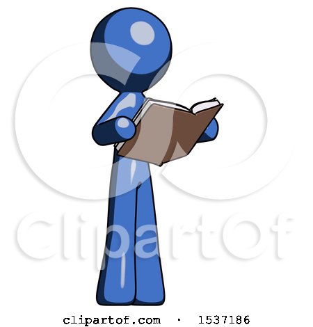 Blue Design Mascot Man Reading Book While Standing up Facing Away by Leo Blanchette