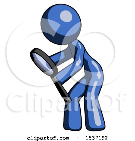 Blue Design Mascot Woman Inspecting with Large Magnifying Glass Left by Leo Blanchette