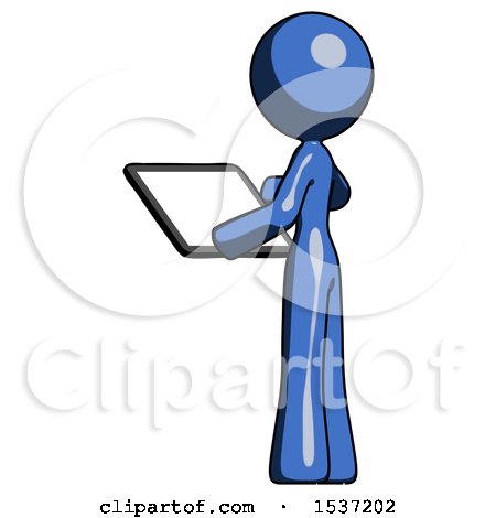 Blue Design Mascot Woman Looking at Tablet Device Computer with Back to Viewer by Leo Blanchette