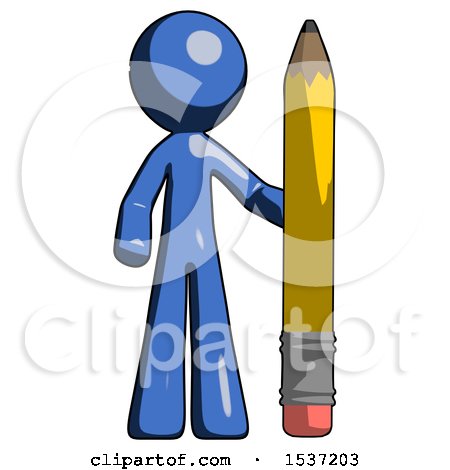 Blue Design Mascot Man with Large Pencil Standing Ready to Write by Leo Blanchette