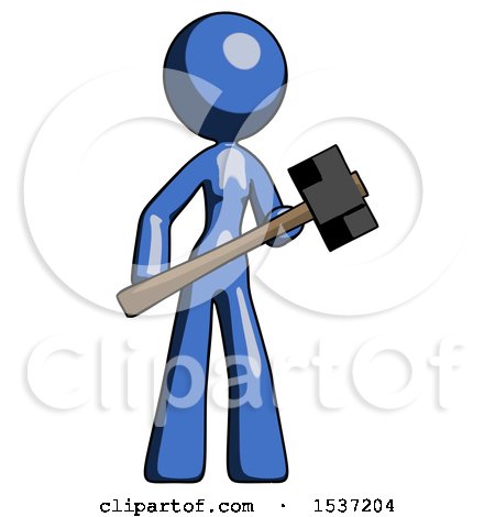 Blue Design Mascot Woman with Sledgehammer Standing Ready to Work or Defend by Leo Blanchette