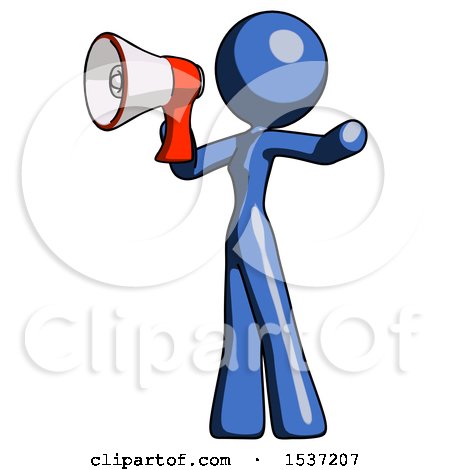 Blue Design Mascot Woman Shouting into Megaphone Bullhorn Facing Left by Leo Blanchette