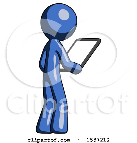 Blue Design Mascot Man Looking at Tablet Device Computer Facing Away by Leo Blanchette