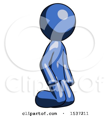 Blue Design Mascot Man Kneeling Angle View Right by Leo Blanchette