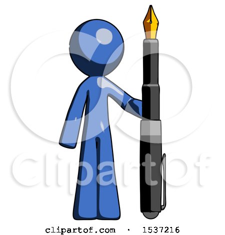 Blue Design Mascot Man Holding Giant Calligraphy Pen by Leo Blanchette