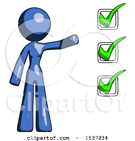 Blue Design Mascot Woman Standing by a Checkmark List Arm Extended by Leo Blanchette