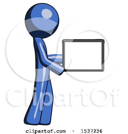 Blue Design Mascot Man Show Tablet Device Computer to Viewer, Blank Area by Leo Blanchette