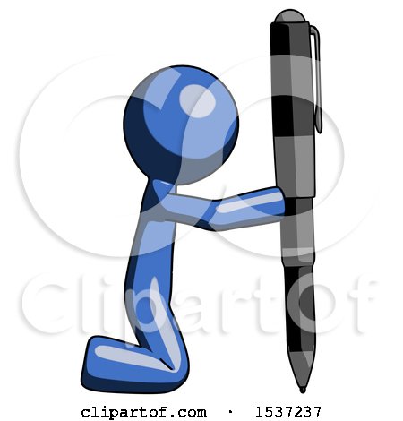 Blue Design Mascot Man Posing with Giant Pen in Powerful yet Awkward Manner. by Leo Blanchette