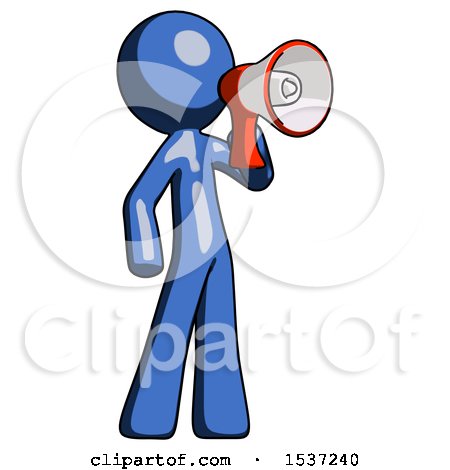 Blue Design Mascot Man Shouting into Megaphone Bullhorn Facing Right by Leo Blanchette