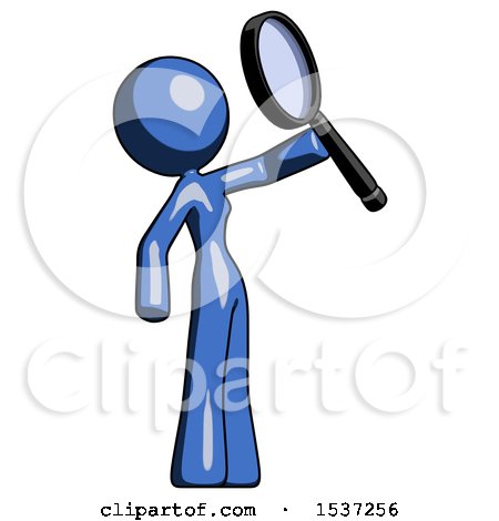 Blue Design Mascot Woman Inspecting with Large Magnifying Glass Facing up by Leo Blanchette