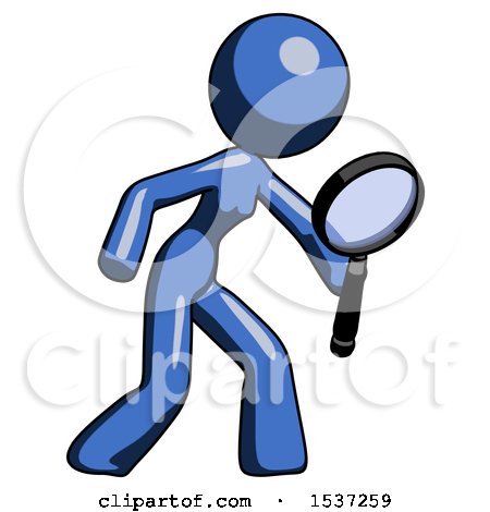 Blue Design Mascot Woman Inspecting with Large Magnifying Glass Right by Leo Blanchette