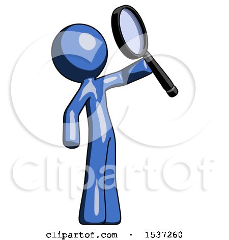 Blue Design Mascot Man Inspecting with Large Magnifying Glass Facing up by Leo Blanchette