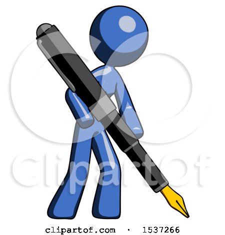 Blue Design Mascot Woman Drawing or Writing with Large Calligraphy Pen by Leo Blanchette