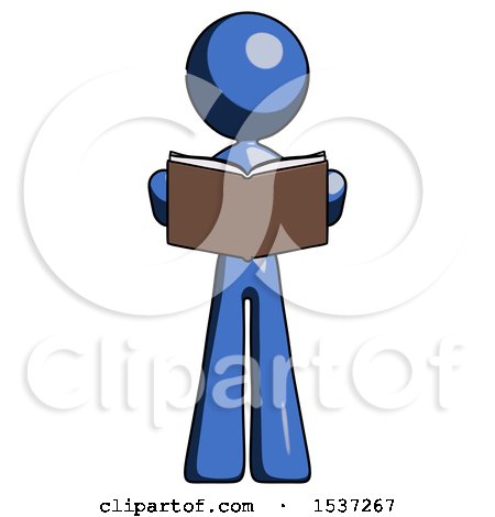 Blue Design Mascot Woman Reading Book While Standing up Facing Viewer by Leo Blanchette