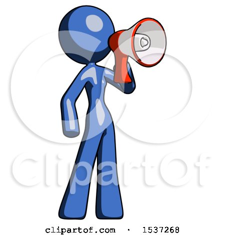 Blue Design Mascot Woman Shouting into Megaphone Bullhorn Facing Right by Leo Blanchette