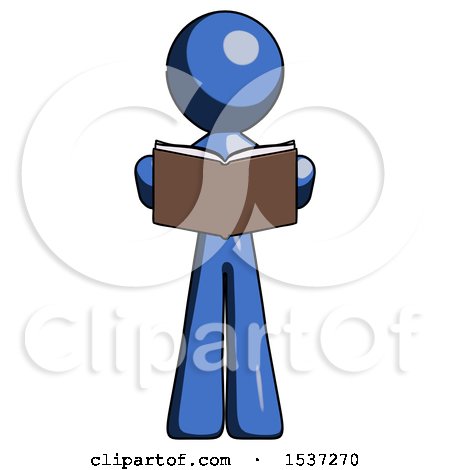 Blue Design Mascot Man Reading Book While Standing up Facing Viewer by Leo Blanchette