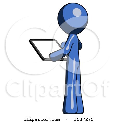 Blue Design Mascot Man Looking at Tablet Device Computer with Back to Viewer by Leo Blanchette