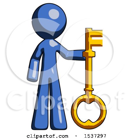 Blue Design Mascot Man Holding Key Made of Gold by Leo Blanchette